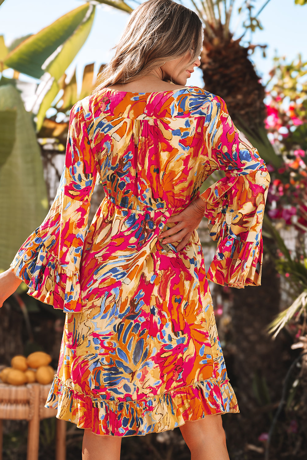 Pink Plant Print Flared Sleeve Ruffled Hem Tunic High Waist Flowy Dress-TOPS / DRESSES-[Adult]-[Female]-2022 Online Blue Zone Planet