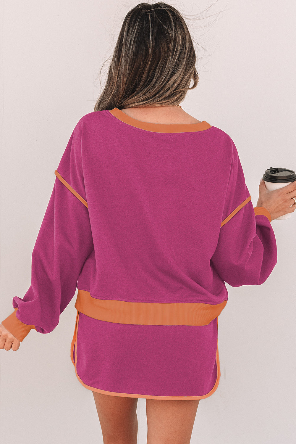 Blue Zone Planet | Rose Red Color Contrast Loose Pullover And Lace-Up Waist Skort Set-Two Piece Sets/Two Piece Dresses-[Adult]-[Female]-2022 Online Blue Zone Planet