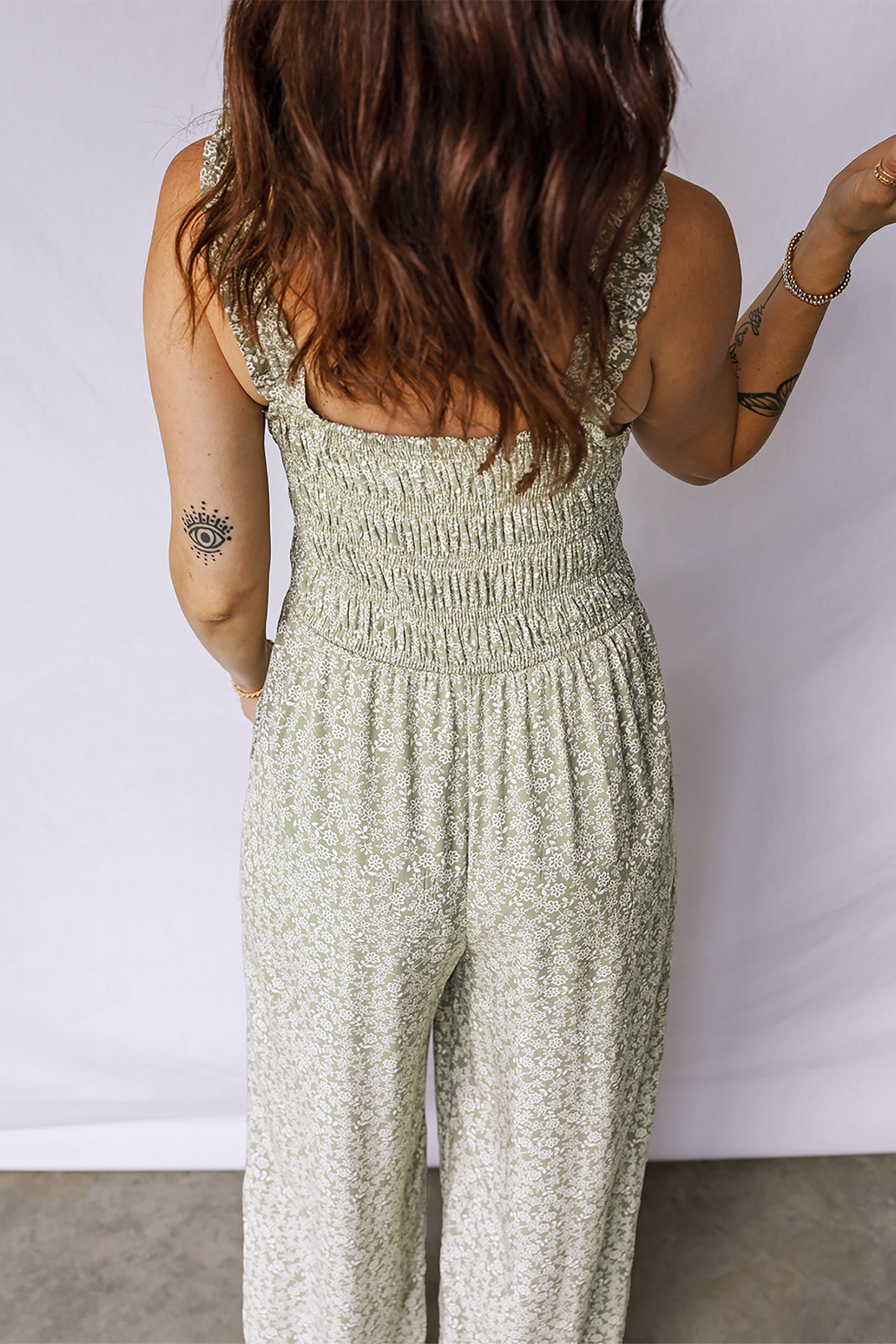 Green Smocked Bodice Square Neck Sleeveless Floral Jumpsuit-Bottoms/Jumpsuits & Rompers-[Adult]-[Female]-2022 Online Blue Zone Planet