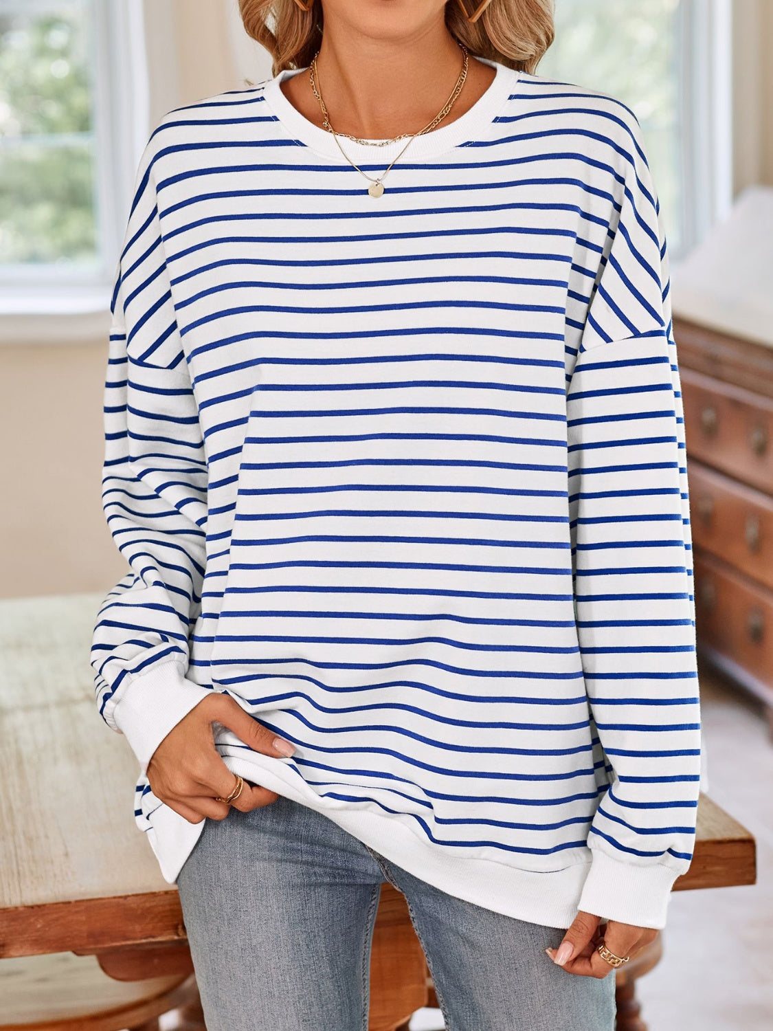 Blue Zone Planet | Lovelet Striped Round Neck Long Sleeve Sweatshirt-TOPS / DRESSES-[Adult]-[Female]-2022 Online Blue Zone Planet