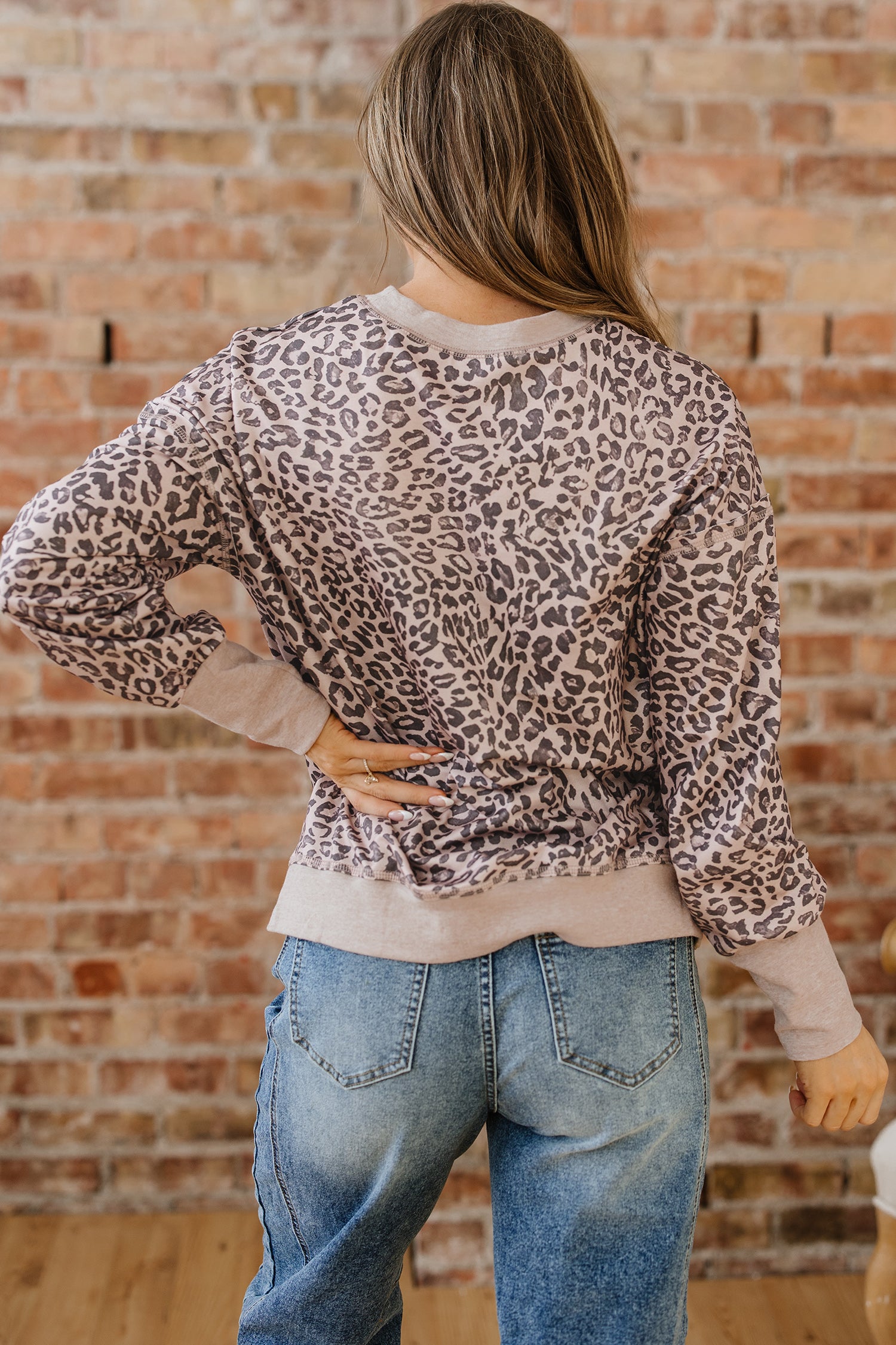 Pink Leopard Print Patchwork Crew Neck Sweatshirt-Tops/Sweatshirts & Hoodies-[Adult]-[Female]-2022 Online Blue Zone Planet