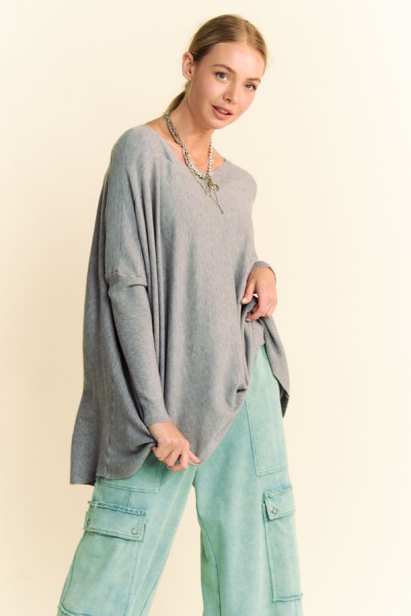 Davi & Dani Round Neck Dropped Shoulder Long Sleeve Knit Top-TOPS / DRESSES-[Adult]-[Female]-Gray-S-2022 Online Blue Zone Planet