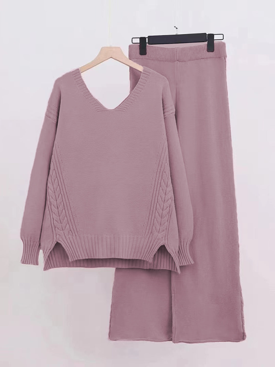 Slit V-Neck Long Sleeve Top and Pants Sweater Set-TOPS / DRESSES-[Adult]-[Female]-2022 Online Blue Zone Planet