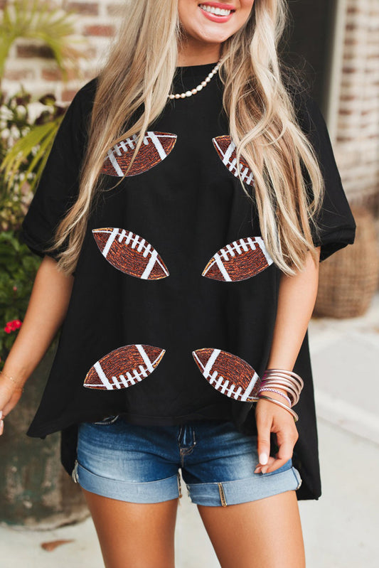 Black Sequin Rugby Football Patched Crewneck Loose T Shirt-Graphic/Graphic Tees-[Adult]-[Female]-Black-S-2022 Online Blue Zone Planet