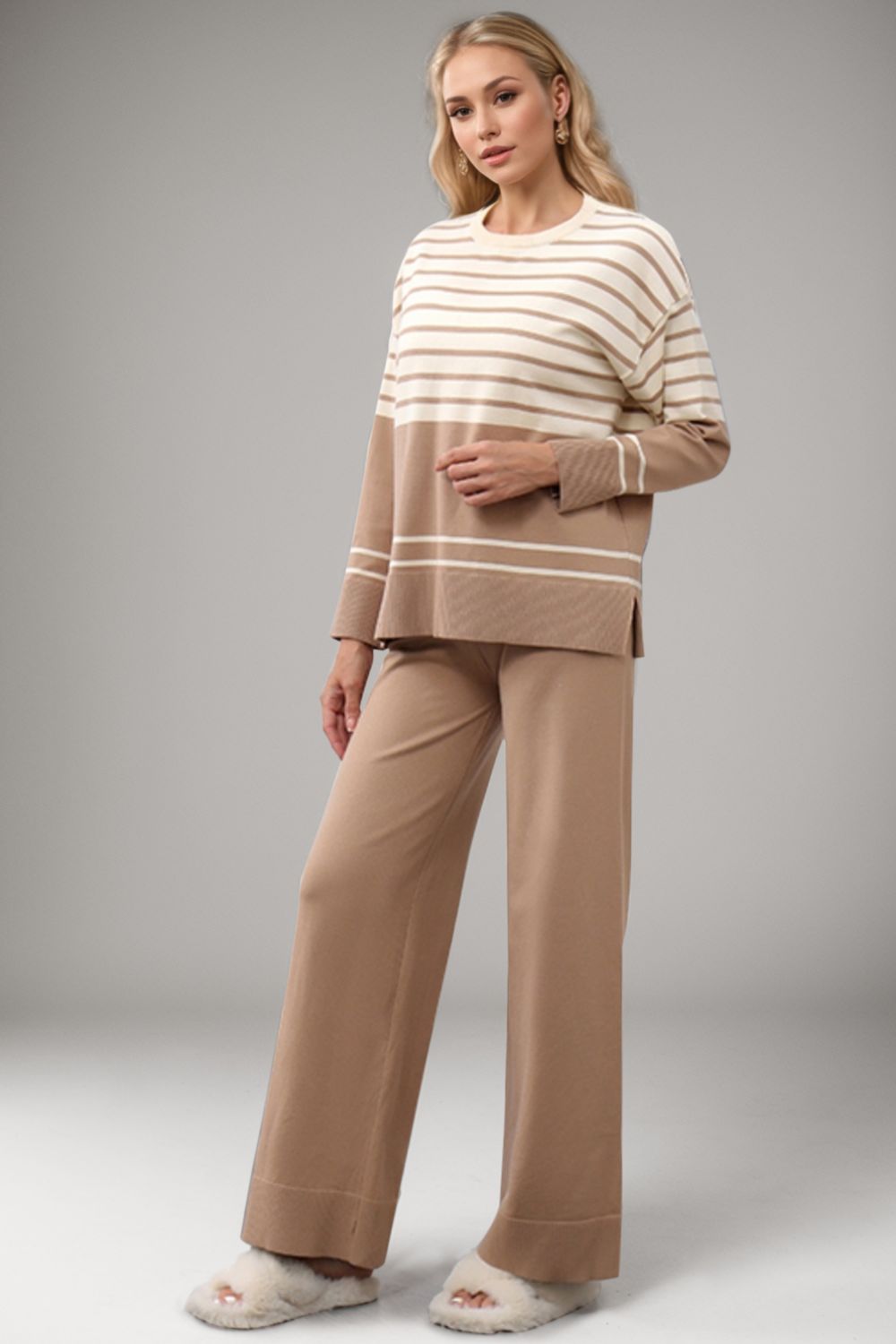 Basic Bae Striped Round Neck Long Sleeve Top and Pants Sweater Set-TOPS / DRESSES-[Adult]-[Female]-Khaki-One Size-2022 Online Blue Zone Planet