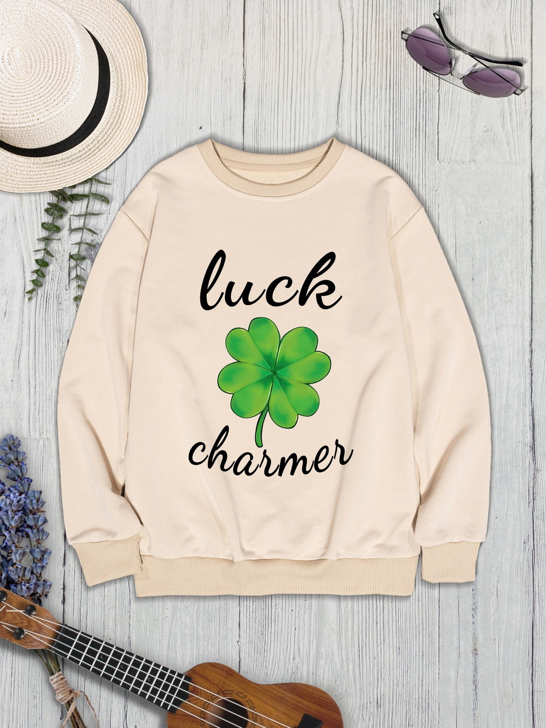 LUCK CHARMER Round Neck Sweatshirt-TOPS / DRESSES-[Adult]-[Female]-2022 Online Blue Zone Planet