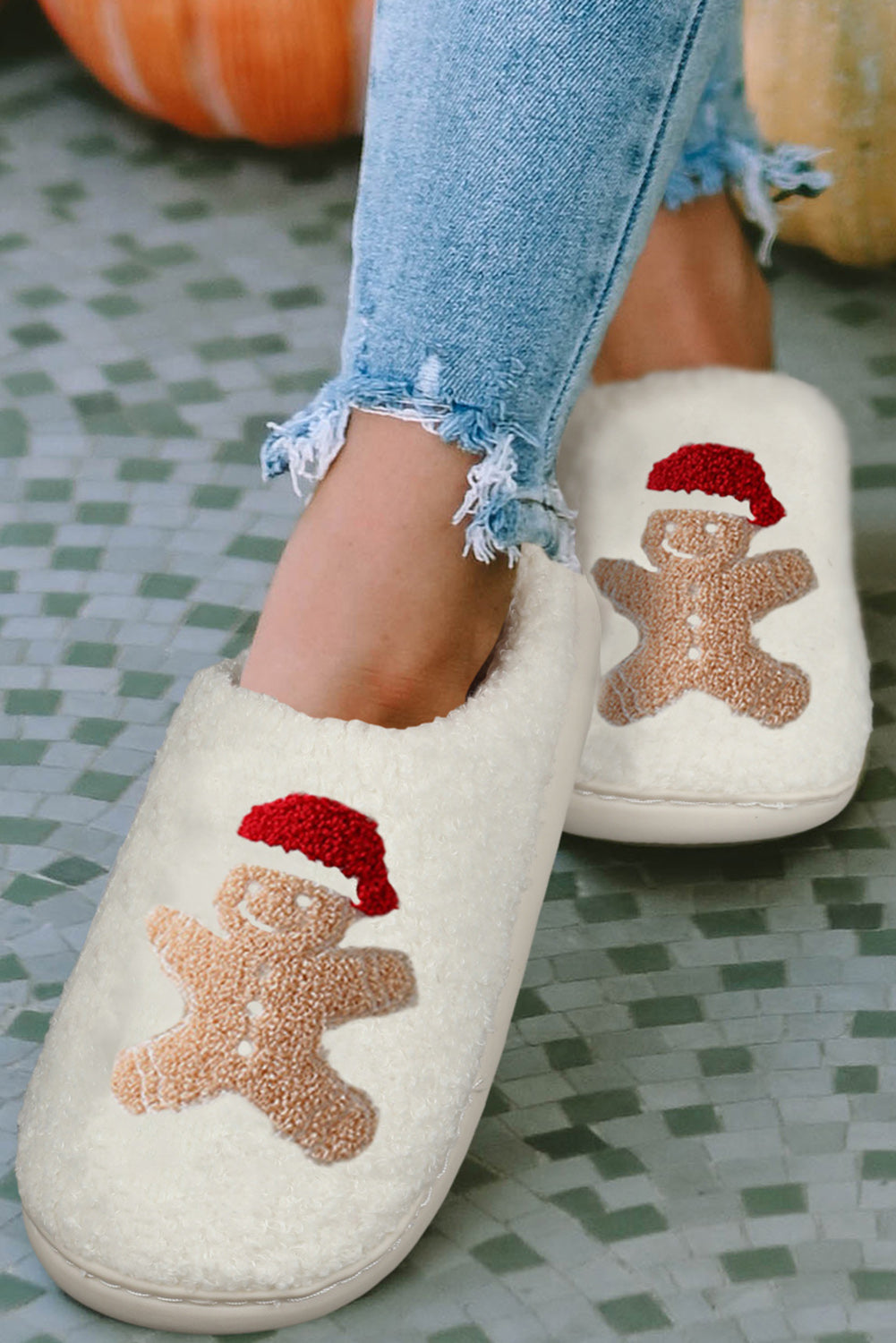 White Christmas Gingerbread Man Plush Home Slippers-Shoes & Bags/Slippers-[Adult]-[Female]-2022 Online Blue Zone Planet