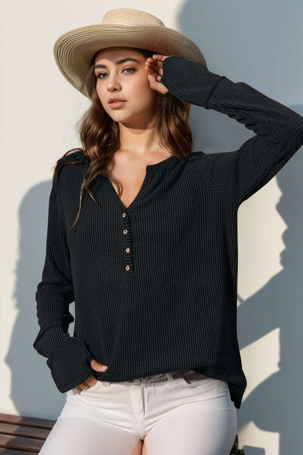 Double Take Full Size Notched Thumbhole Long Sleeve T-Shirt-TOPS / DRESSES-[Adult]-[Female]-Black-S-2022 Online Blue Zone Planet