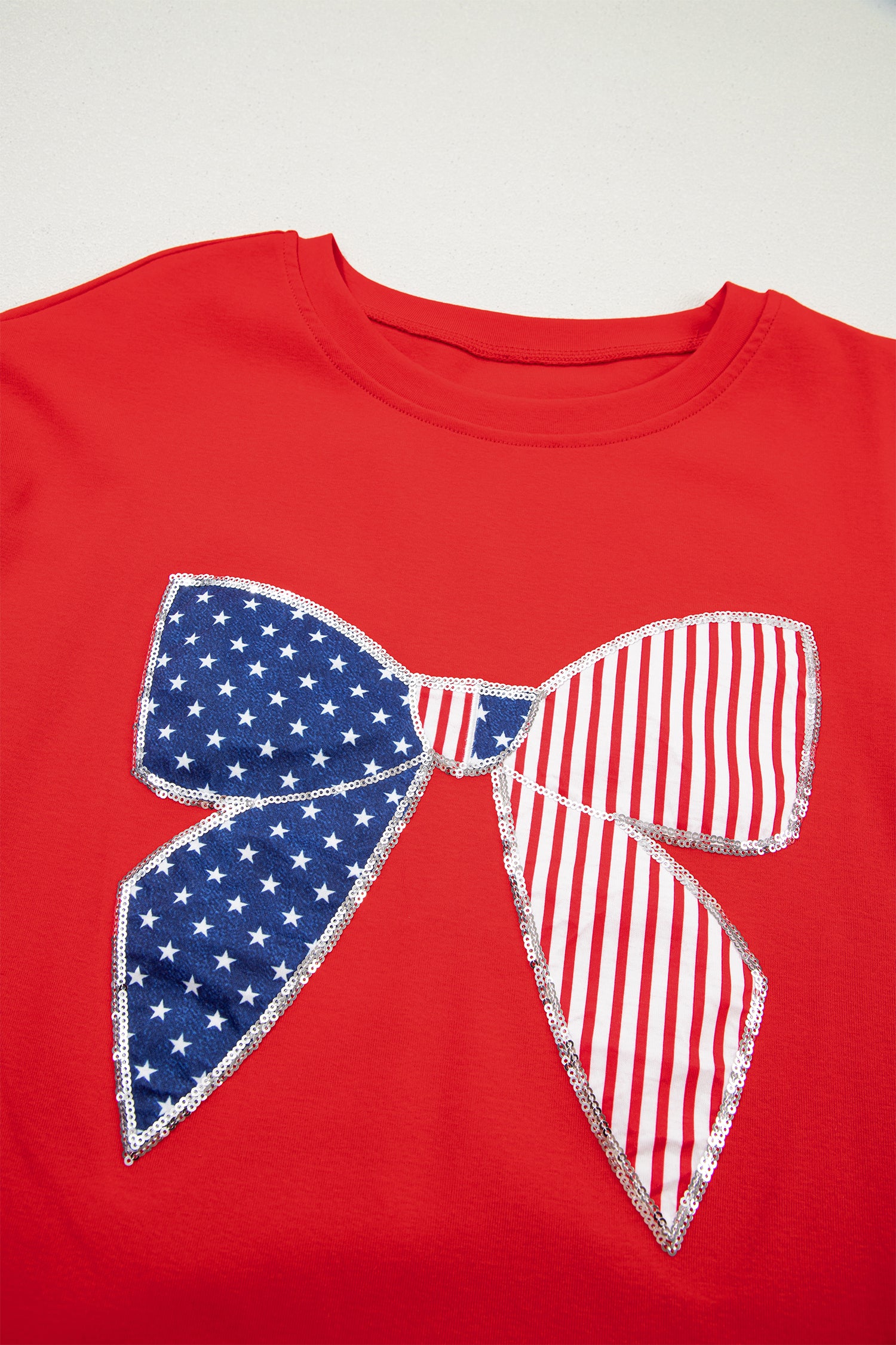 Fiery Red Sequin Trim Stars and Stripes Bow Patched T Shirt Mini Dress-TOPS / DRESSES-[Adult]-[Female]-2022 Online Blue Zone Planet