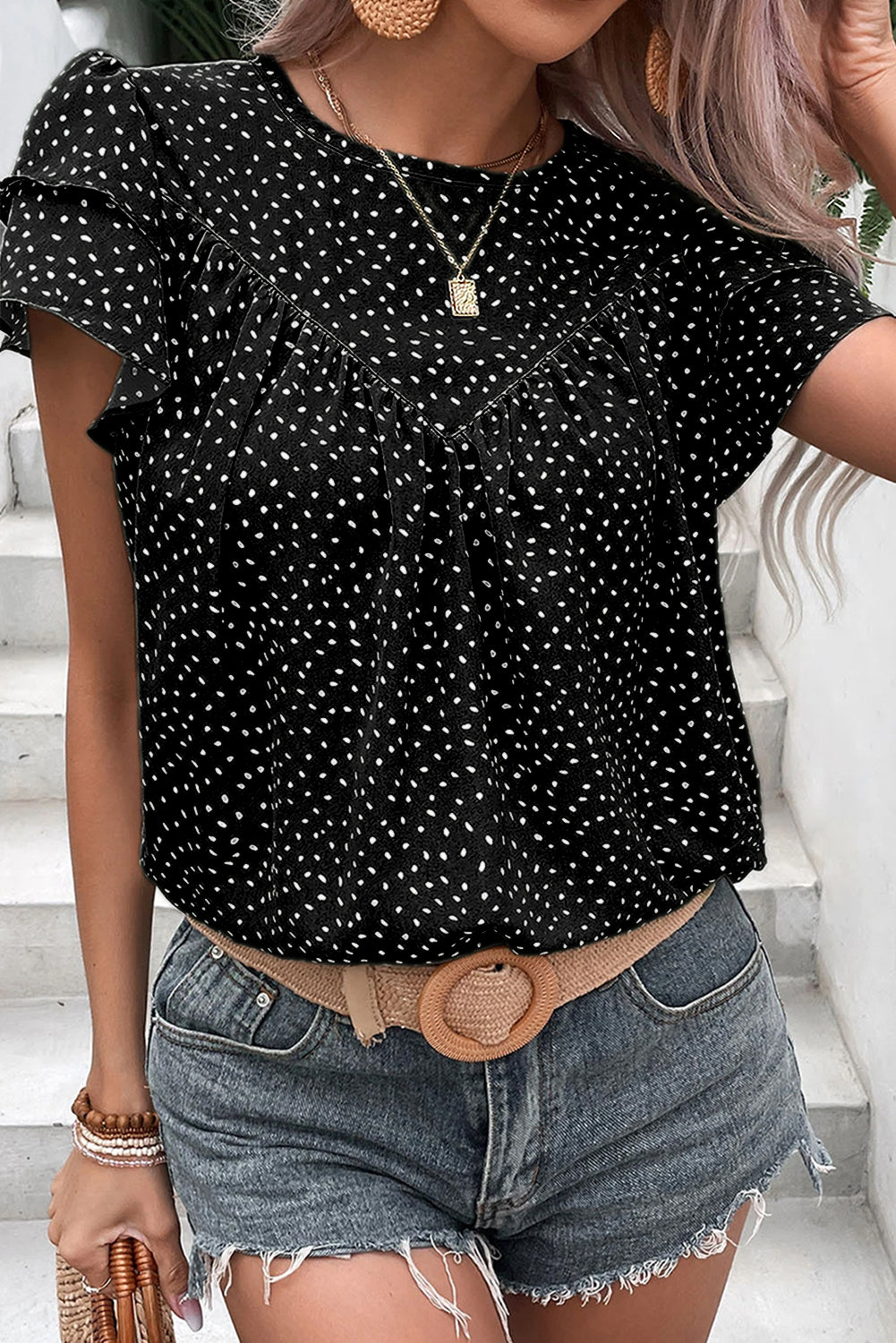 Laurel Green Dotted Ruffle Sleeve Crew Neck Ruched Blouse-Tops/Blouses & Shirts-[Adult]-[Female]-2022 Online Blue Zone Planet