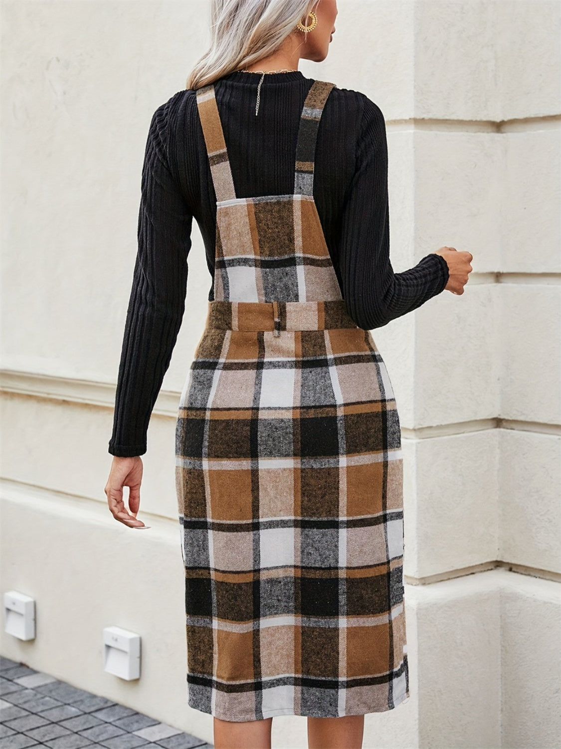 Slit Plaid Wide Strap Overall Dress-TOPS / DRESSES-[Adult]-[Female]-2022 Online Blue Zone Planet