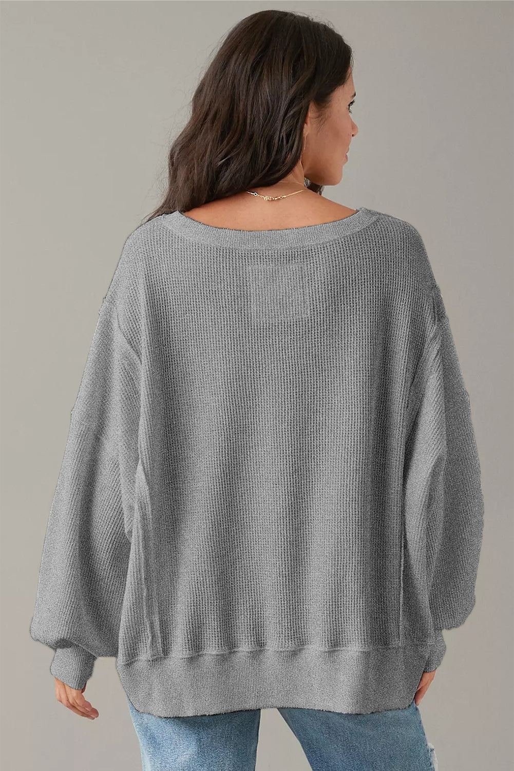 Gray Waffle knit Bishop Sleeve Split Oversized Top-Tops/Long Sleeve Tops-[Adult]-[Female]-2022 Online Blue Zone Planet