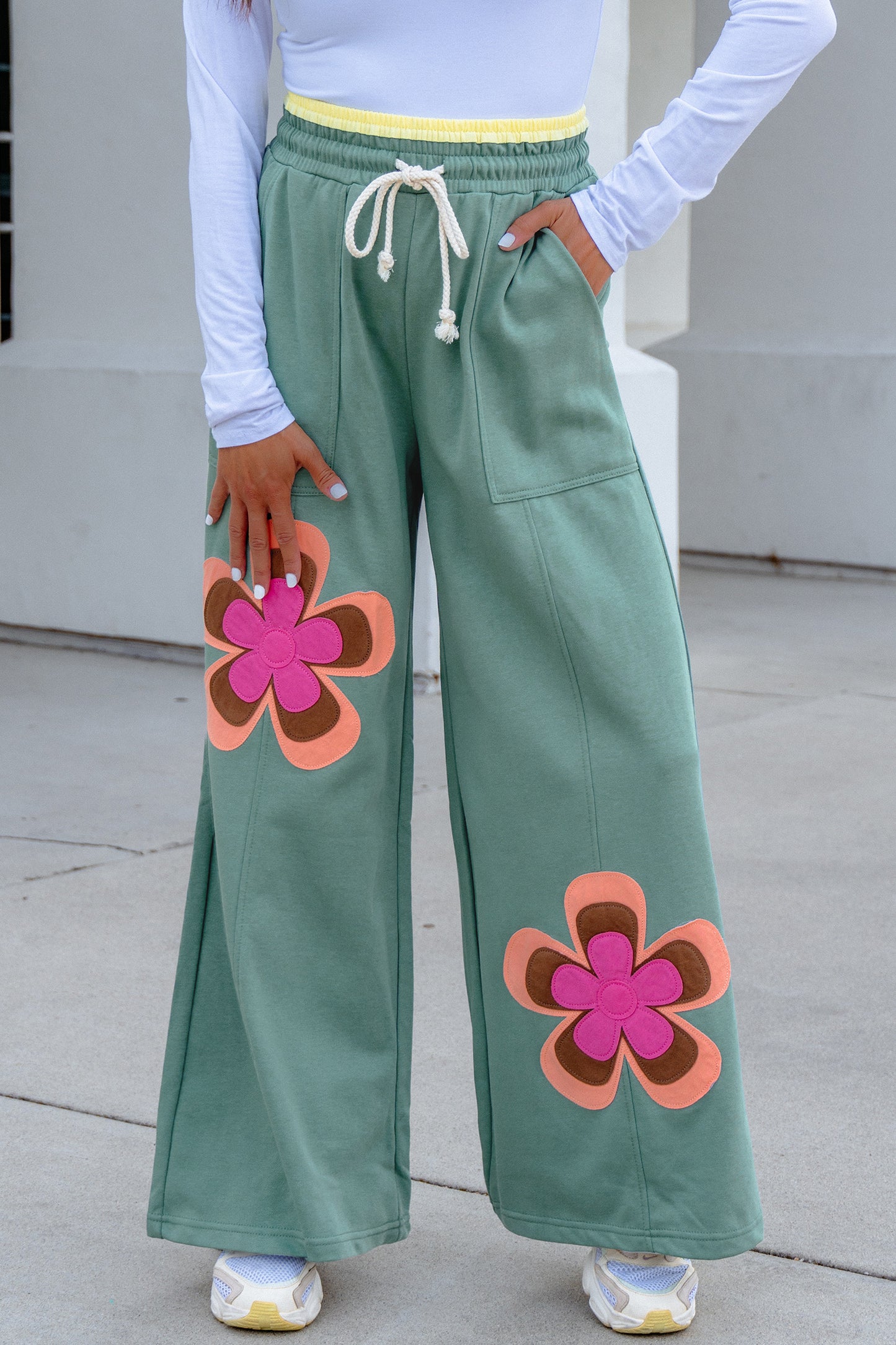 Sea Green Color Block Flower Patchwork Drawstring Contrasted Elastic Waist Wide Leg Pants-Bottoms/Pants & Culotte-[Adult]-[Female]-Sea Green-S-2022 Online Blue Zone Planet