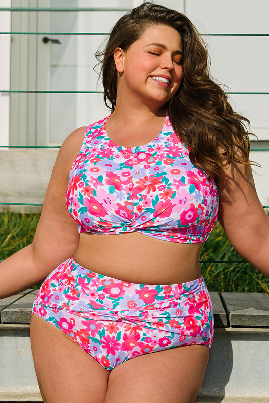 Rose Plus Size Floral Print Twisted High Waist Bikini Set-Plus Size/Plus Size Swimwear-[Adult]-[Female]-Rose-1X-2022 Online Blue Zone Planet