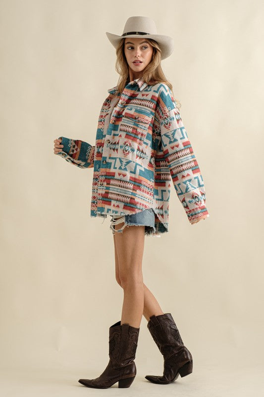 Frayed Aztec Western Shacket-TOPS / DRESSES-[Adult]-[Female]-2022 Online Blue Zone Planet