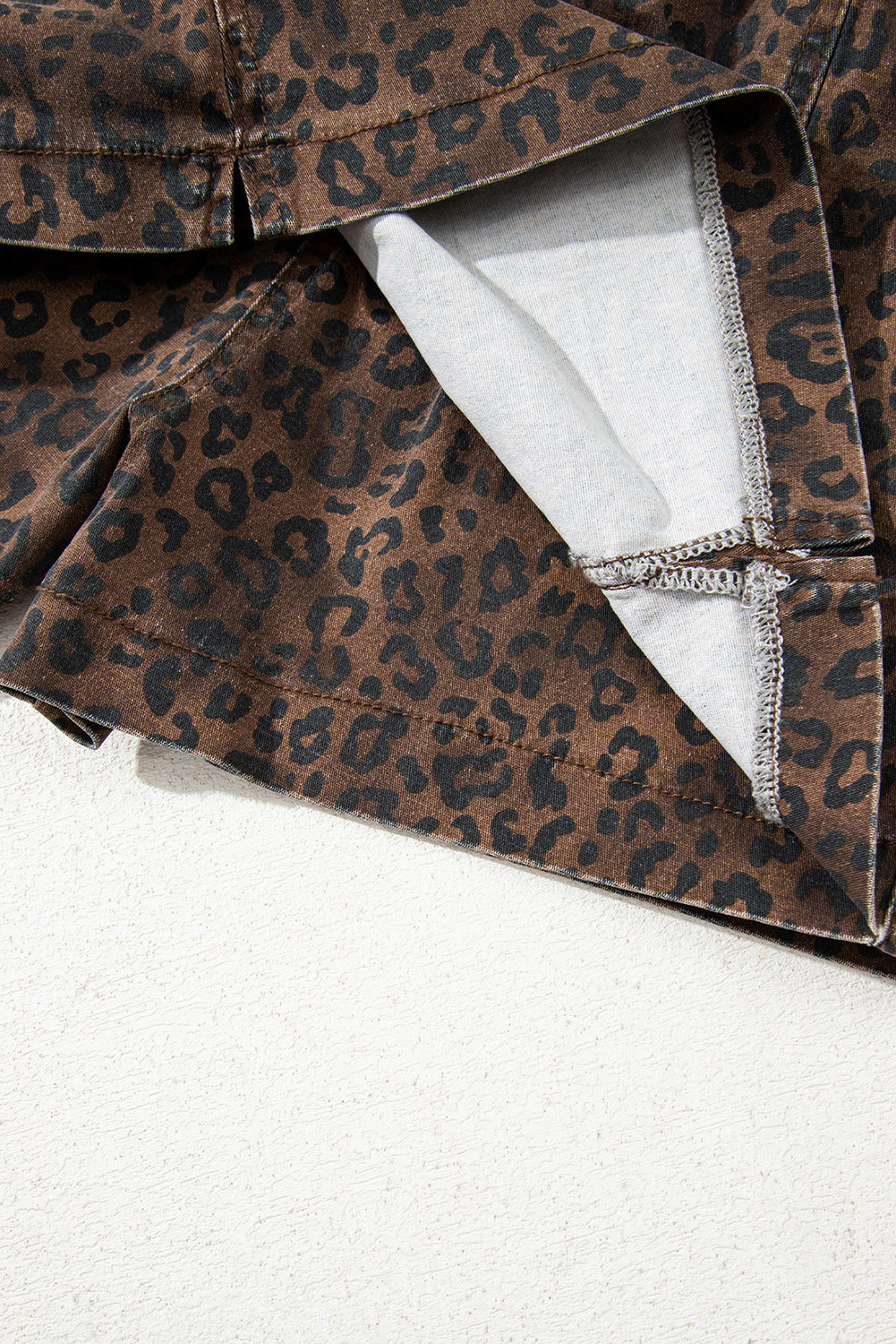 Brown Leopard Print Elastic Waist Drawstring Denim Skort-Bottoms/Denim Shorts-[Adult]-[Female]-2022 Online Blue Zone Planet