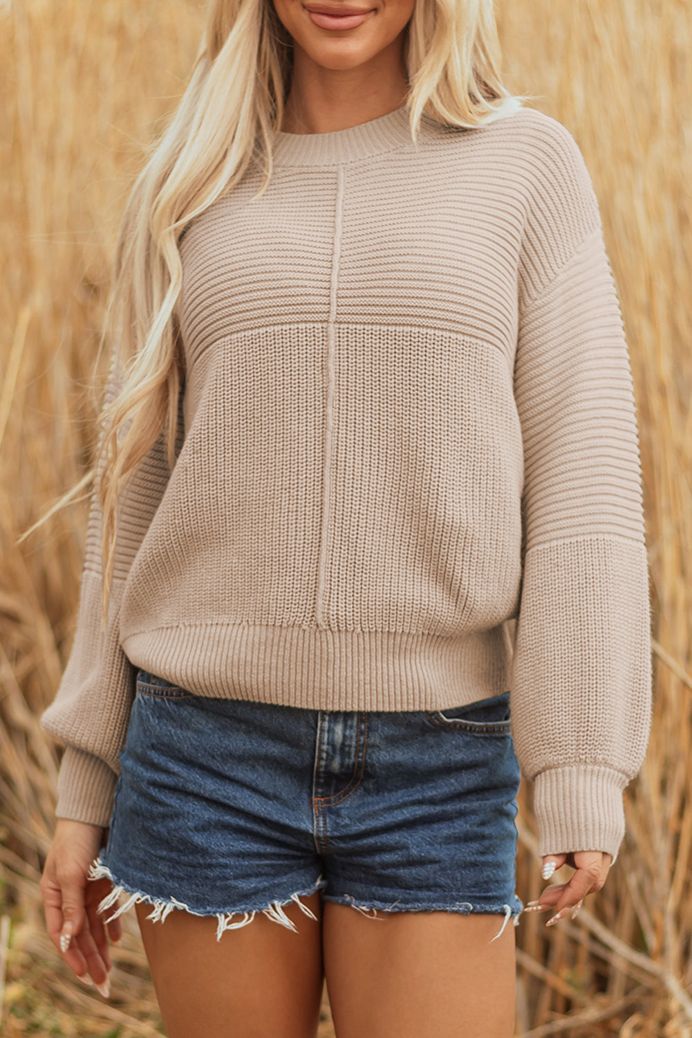Parchment Mixed Texture Patchwork Knitted Puff Sleeve Sweater-TOPS / DRESSES-[Adult]-[Female]-2022 Online Blue Zone Planet