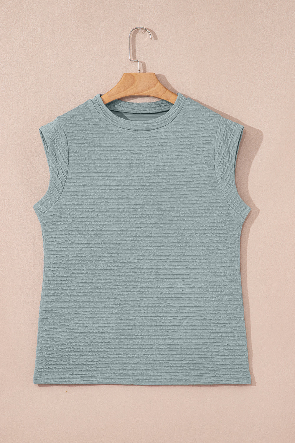 Beau Blue Solid Color Textured Crew Neck Tank Top-Tops/Tank Tops-[Adult]-[Female]-2022 Online Blue Zone Planet