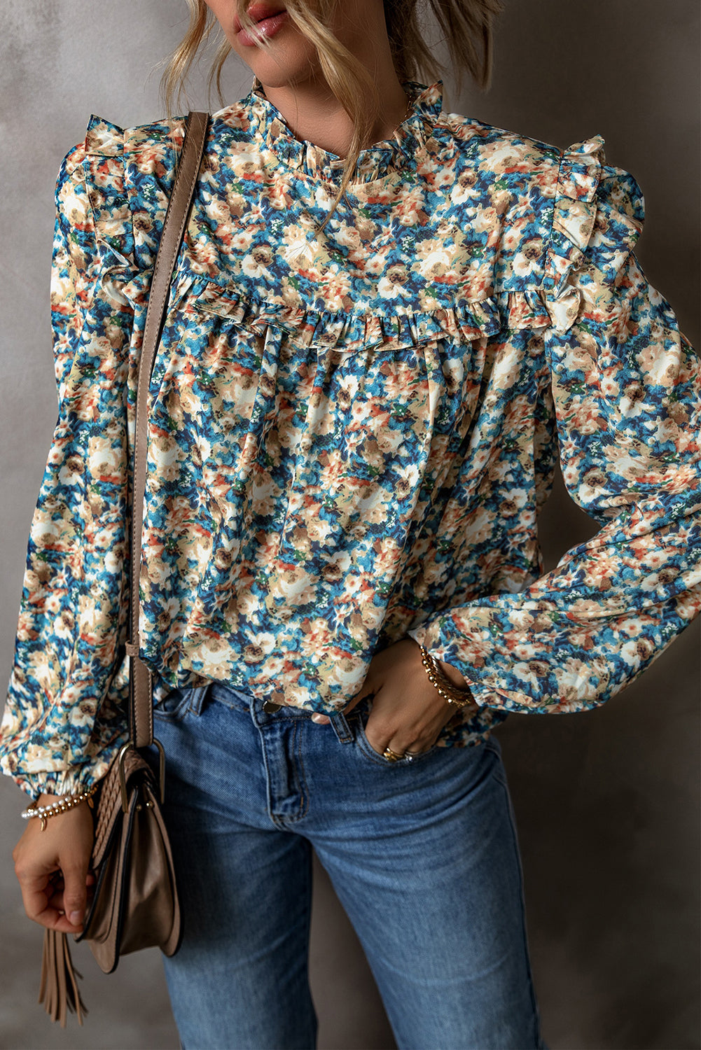 Sky Blue Floral Print Frilled Mock Neck Puff Sleeve Blouse-Tops/Blouses & Shirts-[Adult]-[Female]-Sky Blue-S-2022 Online Blue Zone Planet