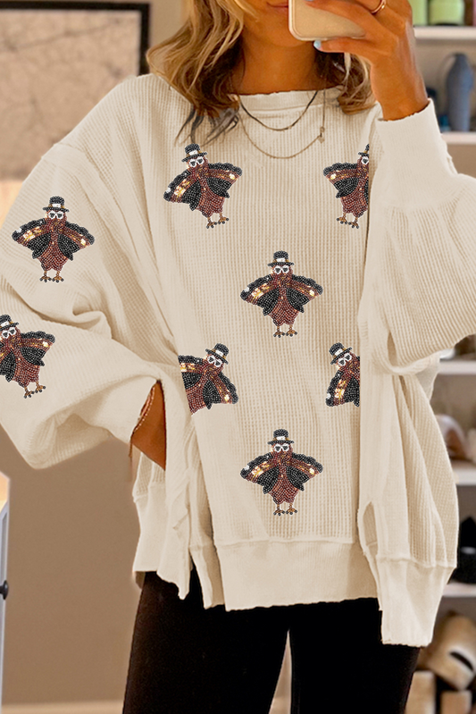 White Thanksgiving Turkey Waffle Oversized Knit Top-Graphic/Graphic Long Sleeve Tees-[Adult]-[Female]-White-S-2022 Online Blue Zone Planet