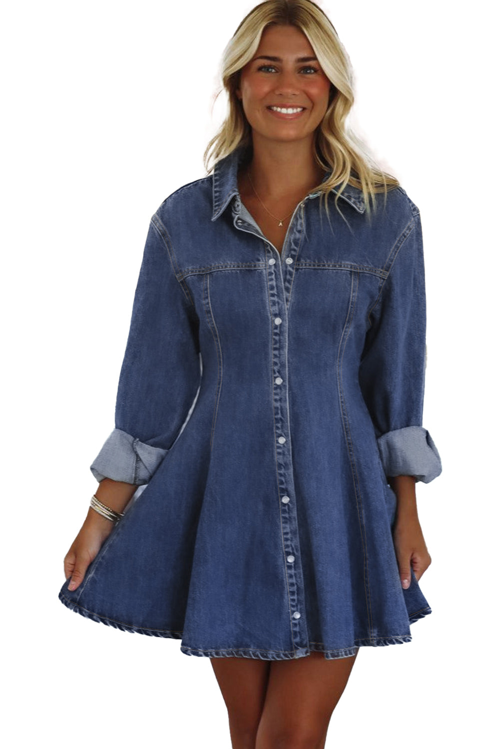 Ashleigh Blue Denim Shirt Collar Long Sleeve Flared Mini Dress-TOPS / DRESSES-[Adult]-[Female]-2022 Online Blue Zone Planet
