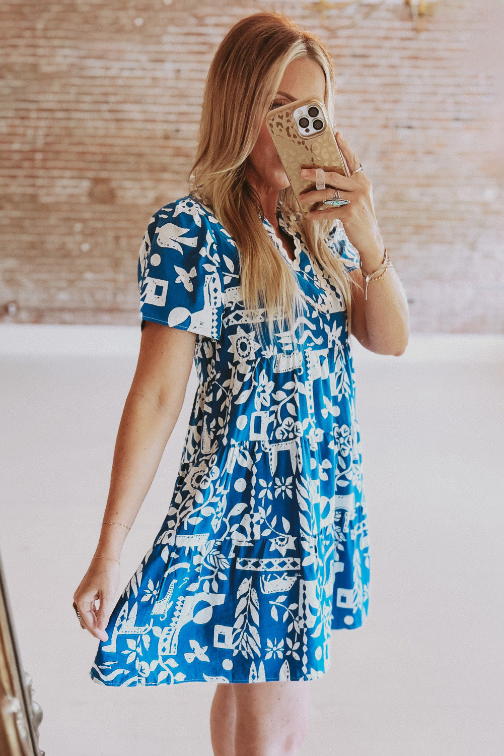 Blue Ricrac Trim Split Neck Floral Loose Dress Blue Zone Planet