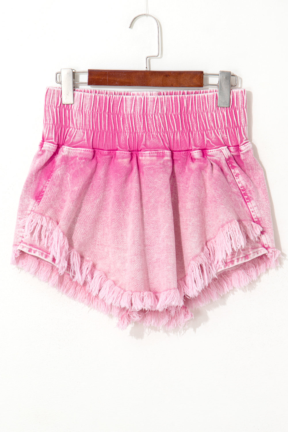 Pink Washed Wide Smocked Waistband Frayed Denim Shorts-Bottoms/Denim Shorts-[Adult]-[Female]-2022 Online Blue Zone Planet