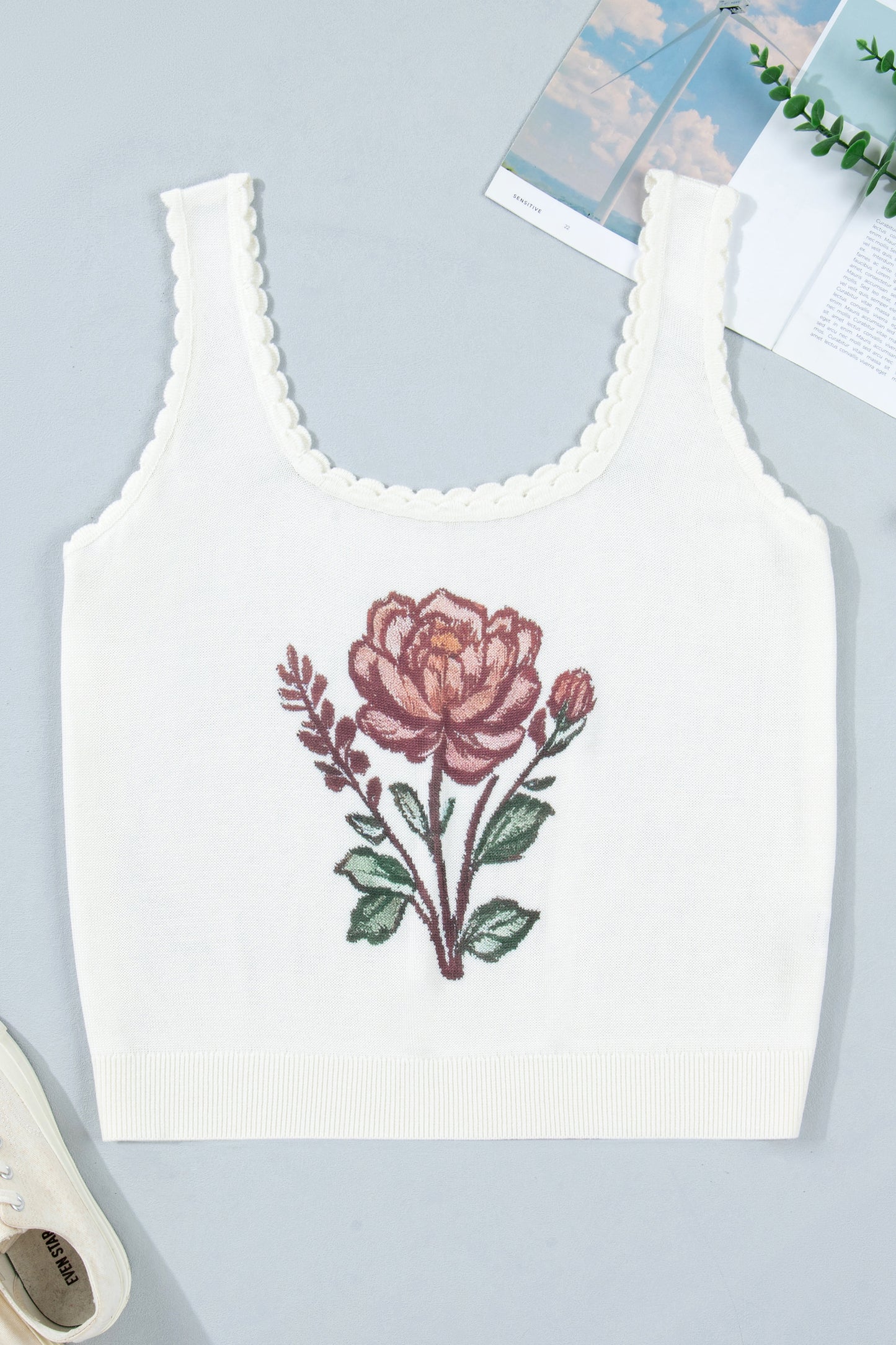 White Plus Size Floral Print Scalloped Trim Square Neck Sweater Vest-TOPS / DRESSES-[Adult]-[Female]-White-1X-2022 Online Blue Zone Planet
