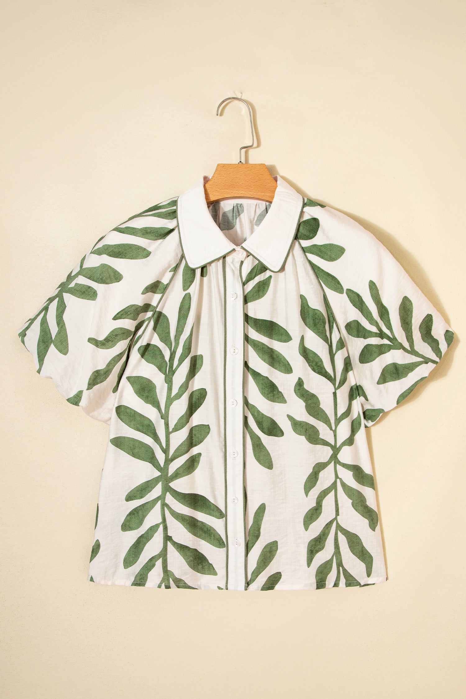Green Leaf Print Short Balloon Sleeve Shirt-Tops/Blouses & Shirts-[Adult]-[Female]-2022 Online Blue Zone Planet