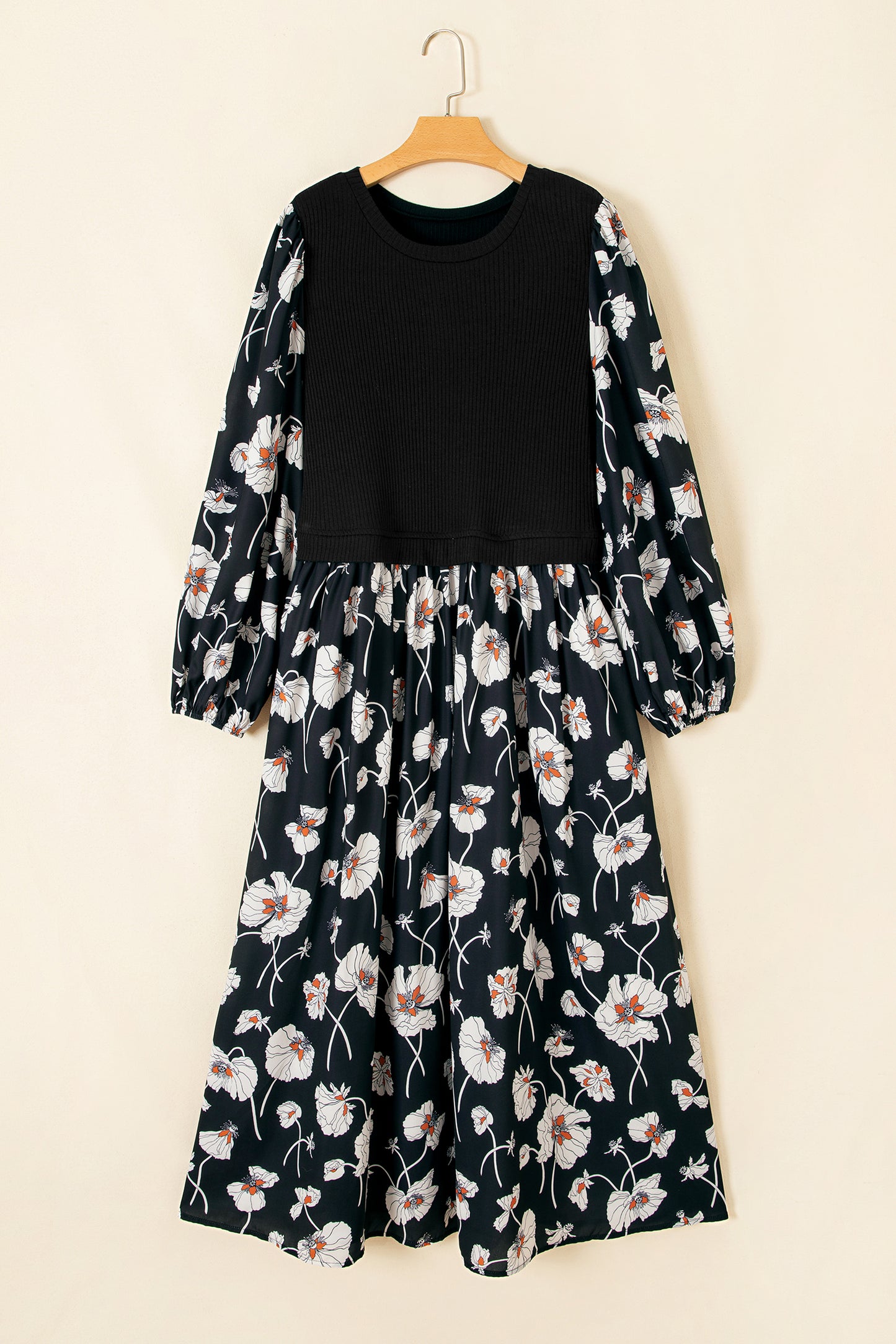 Black Floral Print Long Sleeve Round Neck Shift Plus Size Dress-TOPS / DRESSES-[Adult]-[Female]-2022 Online Blue Zone Planet