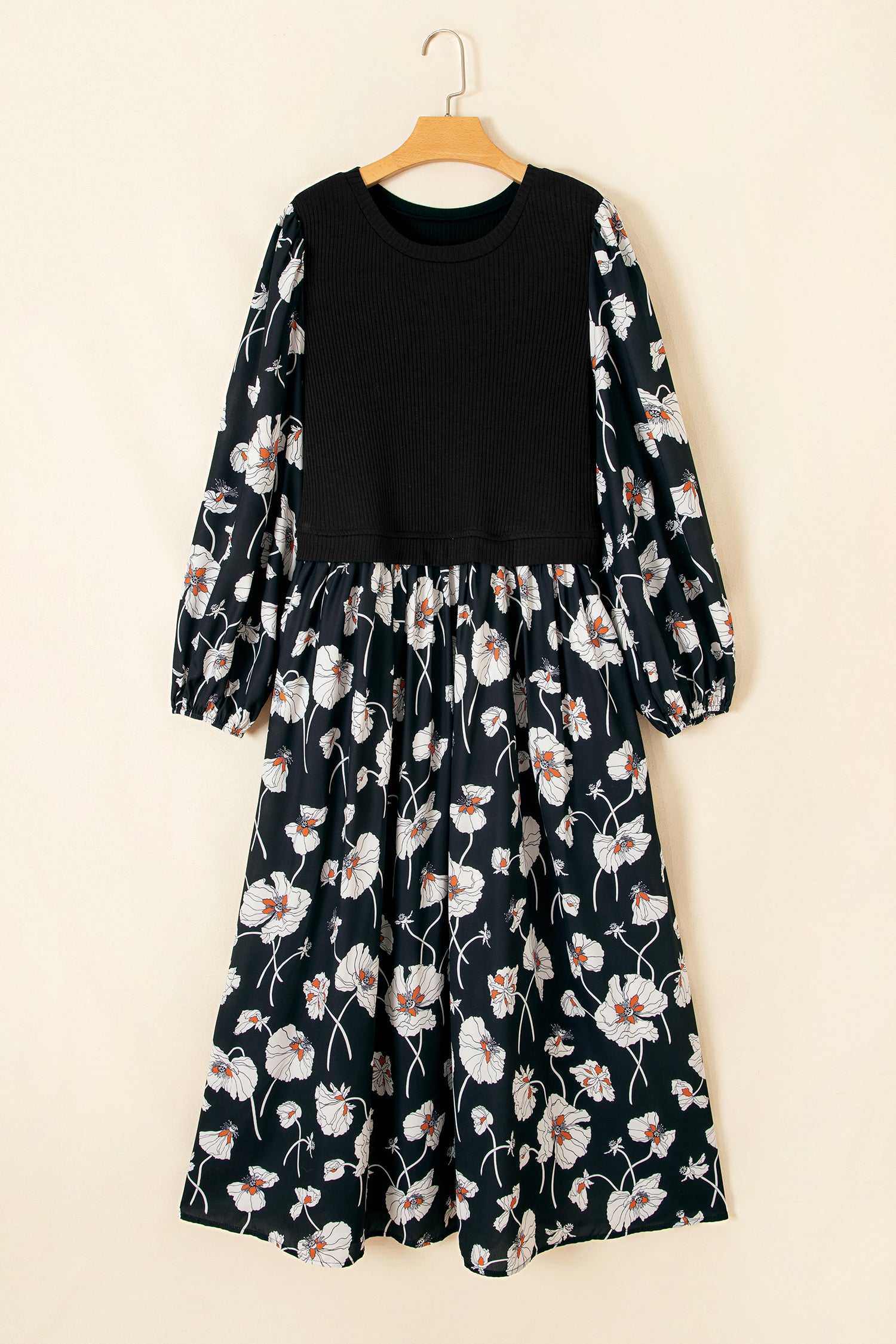 Black Floral Print Long Sleeve Round Neck Shift Plus Size Dress-TOPS / DRESSES-[Adult]-[Female]-2022 Online Blue Zone Planet
