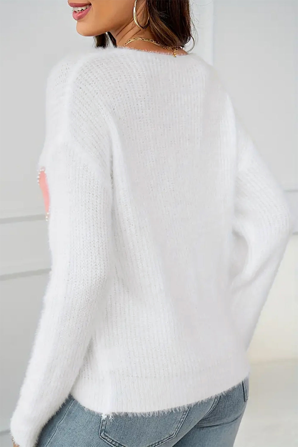 White Pearl Beaded Heart Pattern Fuzzy V Neck Sweater-Sweaters & Cardigans/Sweaters-[Adult]-[Female]-2022 Online Blue Zone Planet