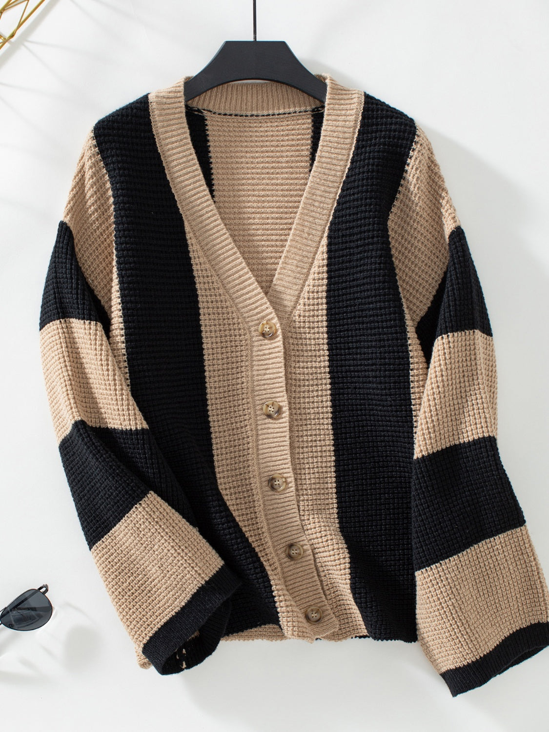 Waffle-Knit V-Neck Striped Long Sleeve Cardigan-TOPS / DRESSES-[Adult]-[Female]-Camel-S-2022 Online Blue Zone Planet