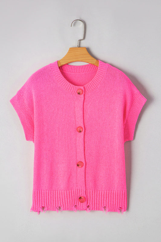 Bright Pink Distressed Hem Short Sleeve Knitted Button Front Sweater-TOPS / DRESSES-[Adult]-[Female]-2022 Online Blue Zone Planet