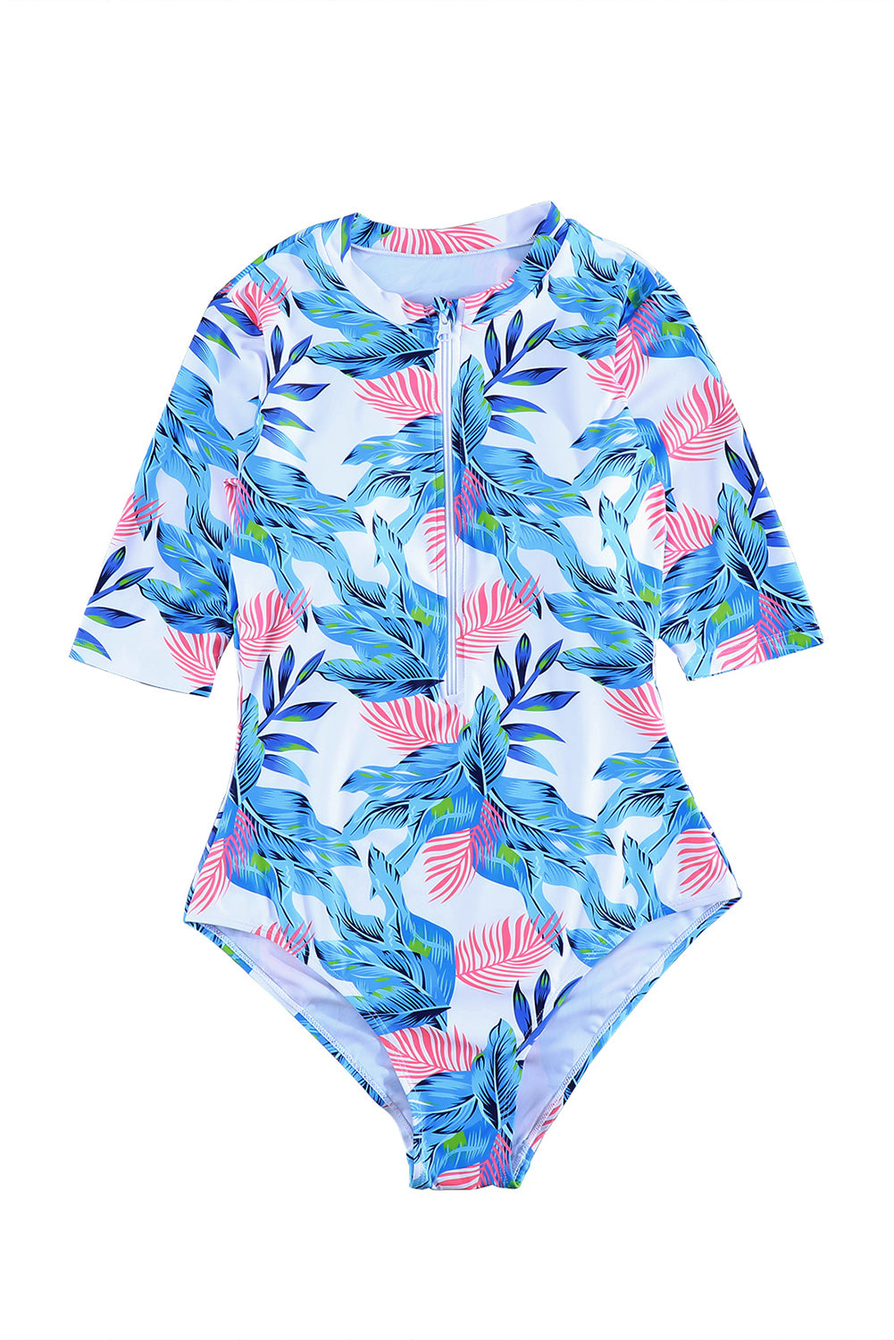 Blue Plant Print Zip Front Half Sleeve One Piece Swimsuit-One-Piece-[Adult]-[Female]-2022 Online Blue Zone Planet