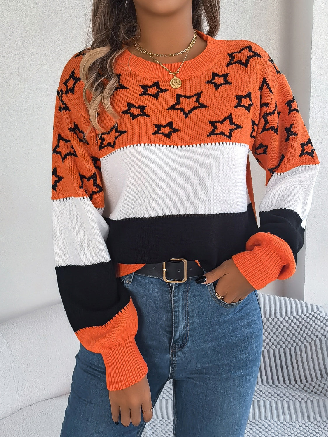 Star Contrast Round Neck Sweater-TOPS / DRESSES-[Adult]-[Female]-Orange-S-2022 Online Blue Zone Planet