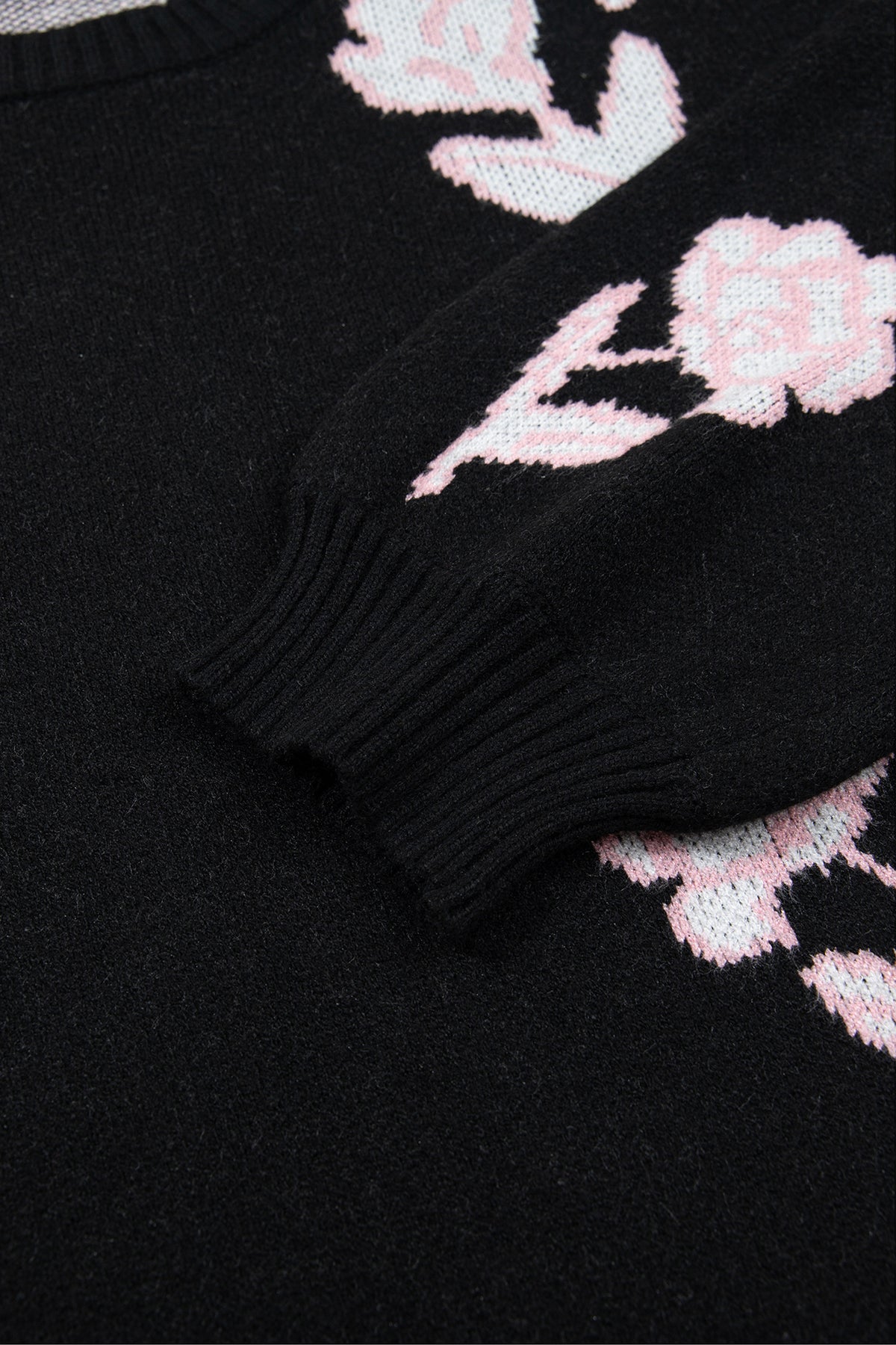 Black Floral Pattern Puff Sleeve Dropped Shoulder Pullover Sweater-Sweaters & Cardigans/Sweaters-[Adult]-[Female]-2022 Online Blue Zone Planet