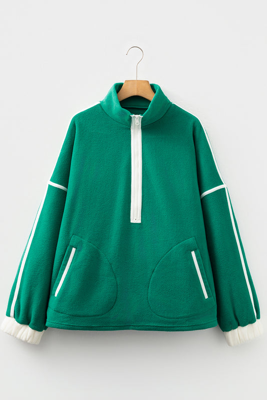 Dark Green Half Zip Contrast Trim Pocketed Plus Size Fleece Sweatshirt-Plus Size/Plus Size Sweatshirts & Hoodies-[Adult]-[Female]-2022 Online Blue Zone Planet