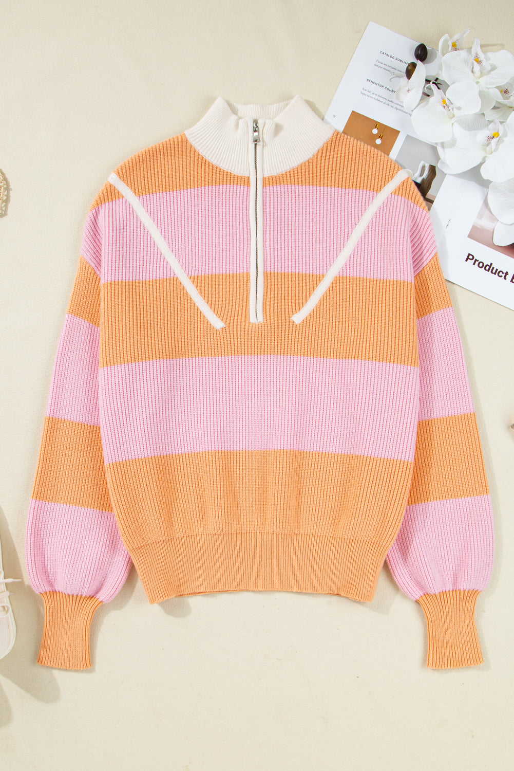 Orange Stripe Colorblock Half Zip Oversize Sweater-Sweaters & Cardigans/Sweaters-[Adult]-[Female]-2022 Online Blue Zone Planet