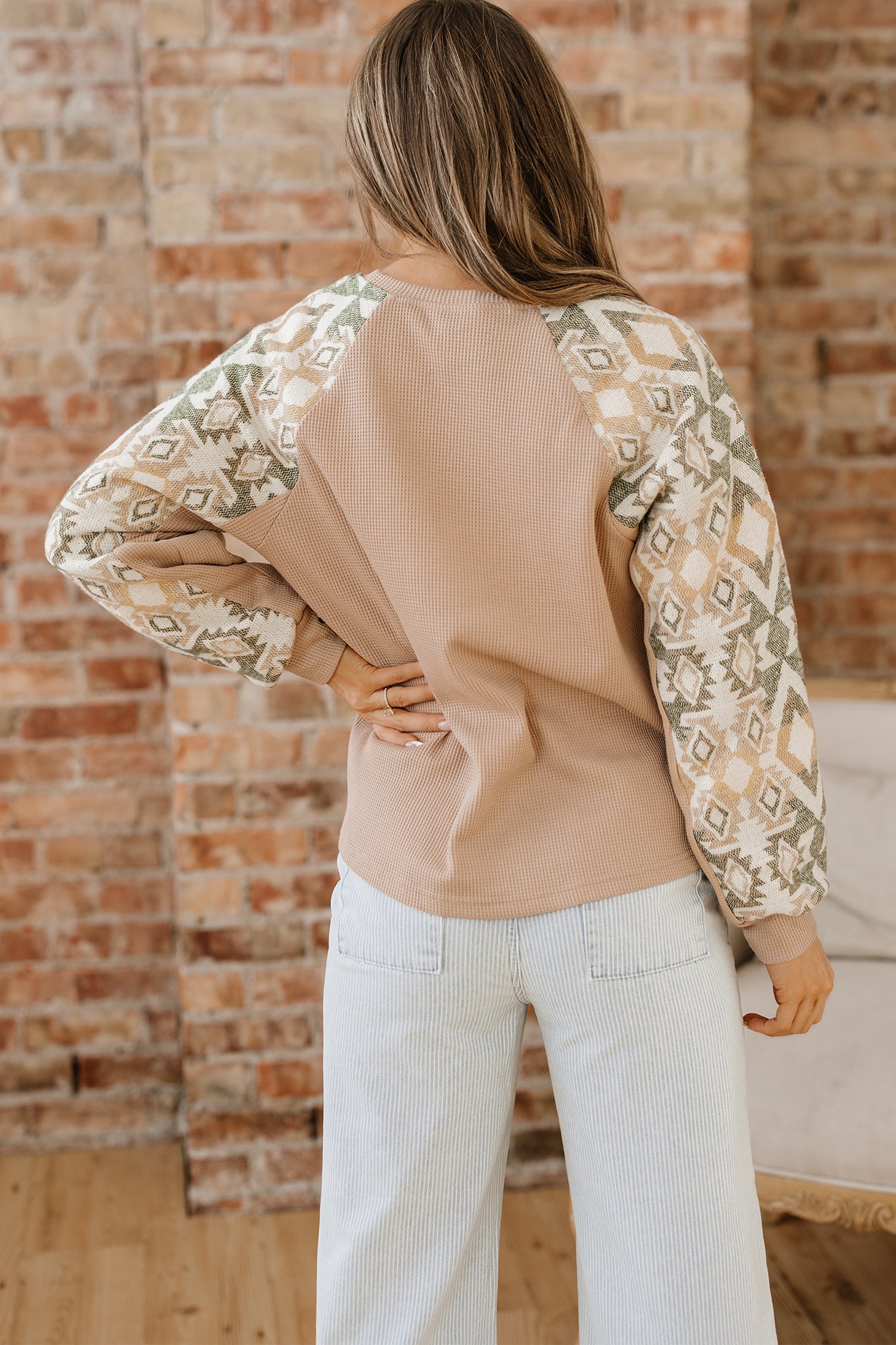 Smoke Gray Waffle Aztec Patchwork Raglan Sleeve Knit Top-Tops/Long Sleeve Tops-[Adult]-[Female]-2022 Online Blue Zone Planet