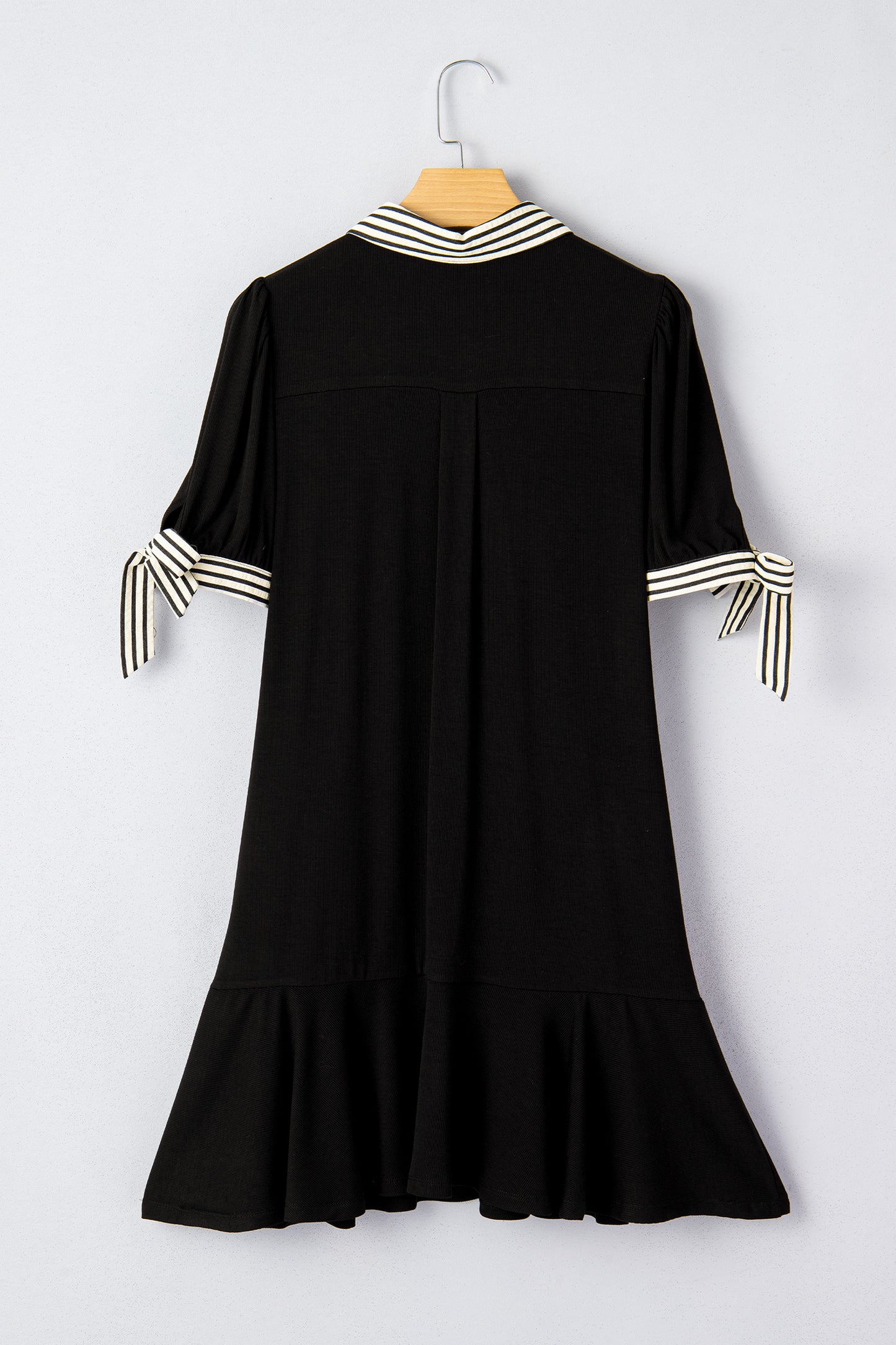 Black Stripe Detail Polo Collar Half Buttons Tied Short Sleeve Shift Mini Dress-Dresses/Mini Dresses-[Adult]-[Female]-2022 Online Blue Zone Planet