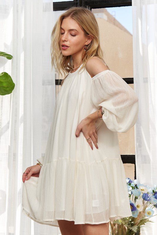 ADORA Cold Shoulder Balloon Sleeve Mini Dress-TOPS / DRESSES-[Adult]-[Female]-2022 Online Blue Zone Planet