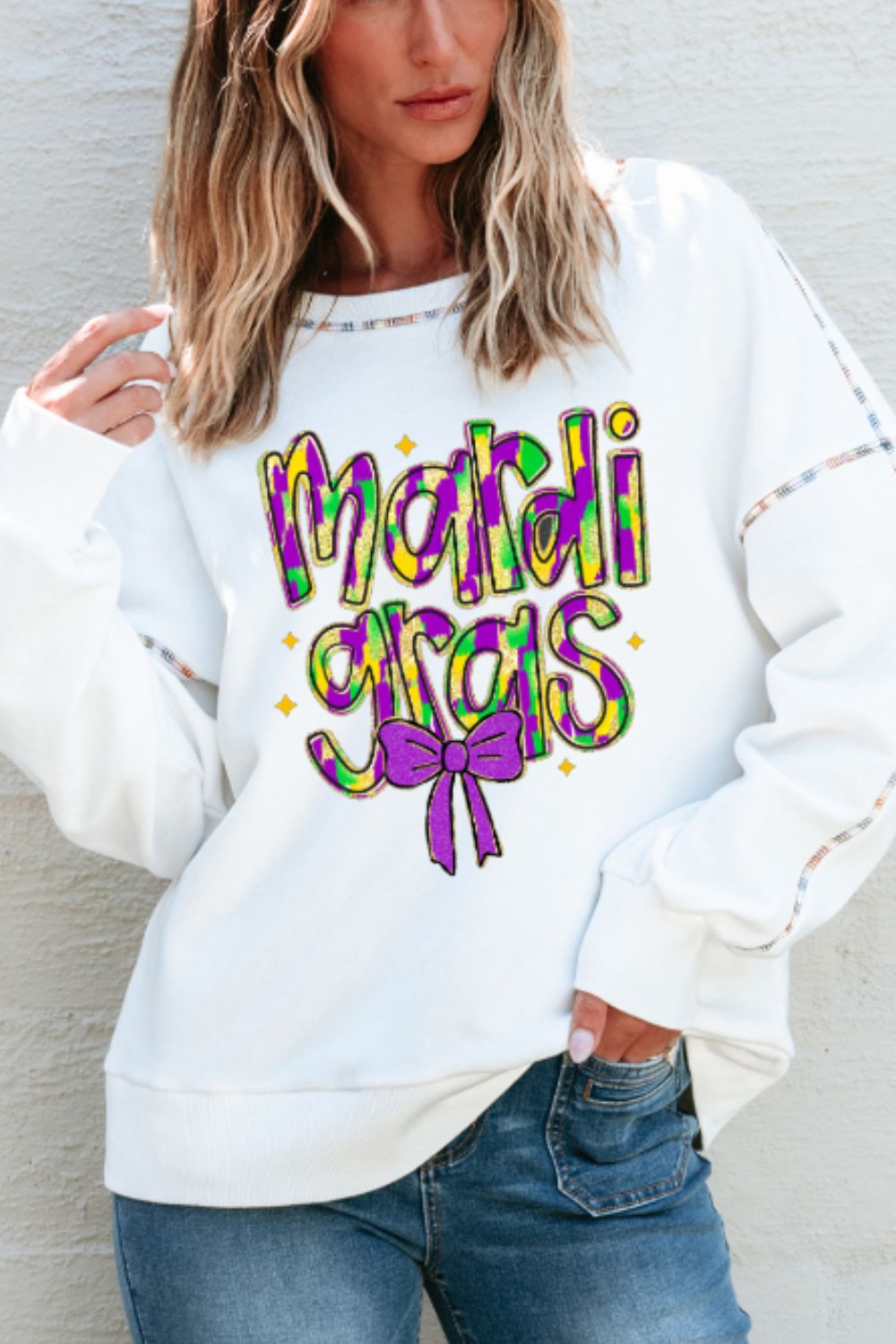 MARDI GRAS Round Neck Long Sleeve Sweatshirt-TOPS / DRESSES-[Adult]-[Female]-2022 Online Blue Zone Planet