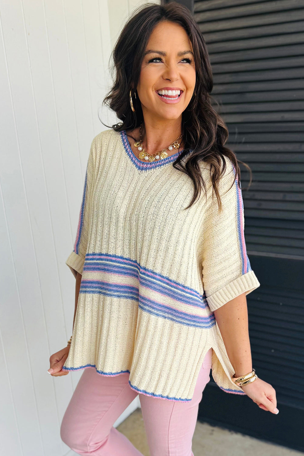 White Striped V Neck Dolman Sleeve Rib Knit Oversized Sweater with Slits-TOPS / DRESSES-[Adult]-[Female]-2022 Online Blue Zone Planet