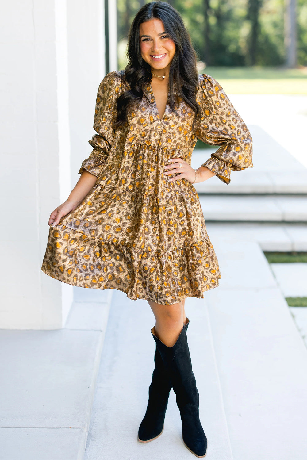 Khaki Leopard Print V Neck Ruffled Sleeve Tiered Loose Mini Dress-TOPS / DRESSES-[Adult]-[Female]-2022 Online Blue Zone Planet