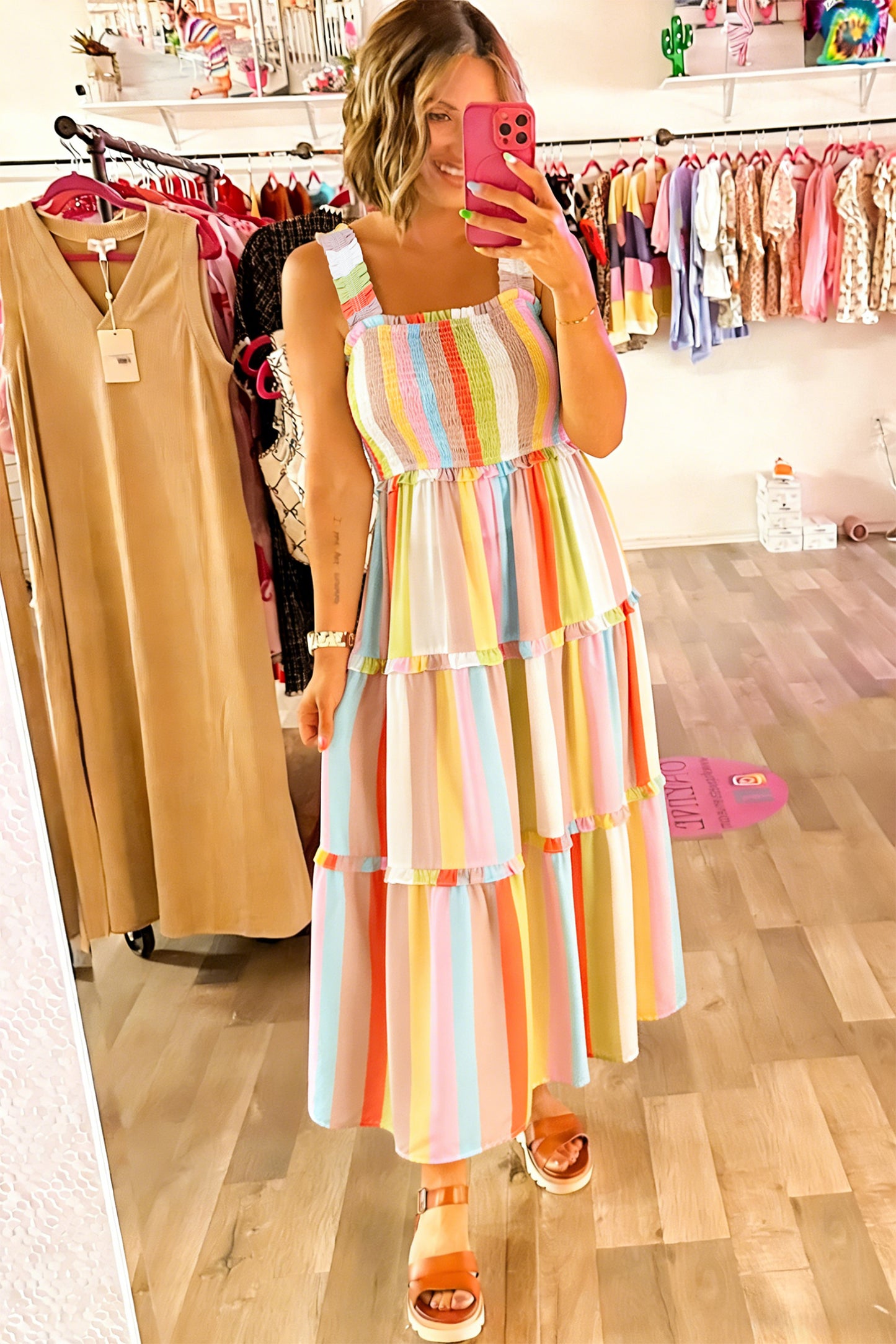 Green Striped Print Shirred Frilly Tiered Maxi Dress-Dresses/Maxi Dresses-[Adult]-[Female]-2022 Online Blue Zone Planet