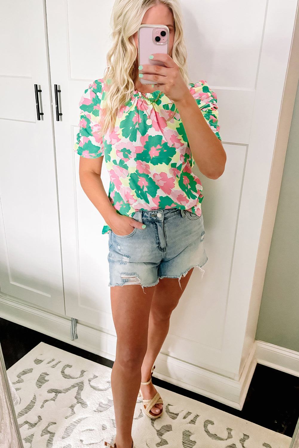 Green Abstract Print Frilly Neck Ruched Short Sleeve Blouse-Tops/Blouses & Shirts-[Adult]-[Female]-2022 Online Blue Zone Planet