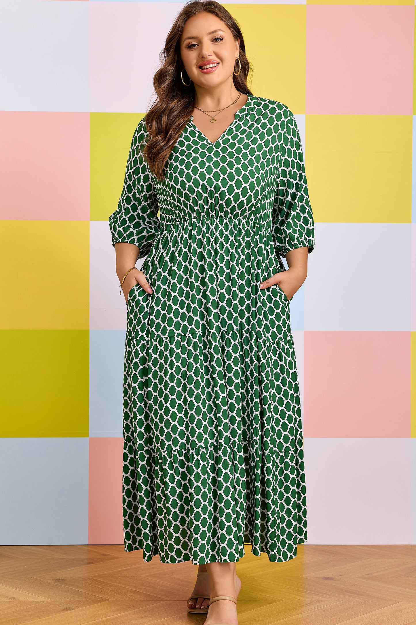 Green Plus Size Geometric Print Pocketed Ruffle Hem Casual Dress-Plus Size/Plus Size Dresses/Plus Size Maxi Dresses-[Adult]-[Female]-2022 Online Blue Zone Planet