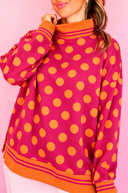 Rose Polka Dot Striped Trim Mock Neck Sweatshirt-Tops/Sweatshirts & Hoodies-[Adult]-[Female]-Rose-S-2022 Online Blue Zone Planet