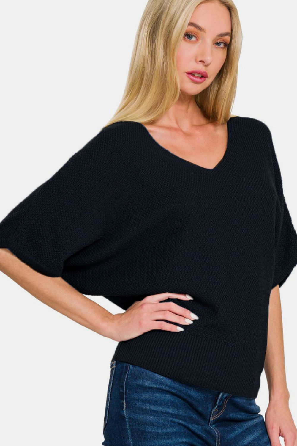 Zenana V-Neck Short Sleeve Dolman Sweater-TOPS / DRESSES-[Adult]-[Female]-2022 Online Blue Zone Planet